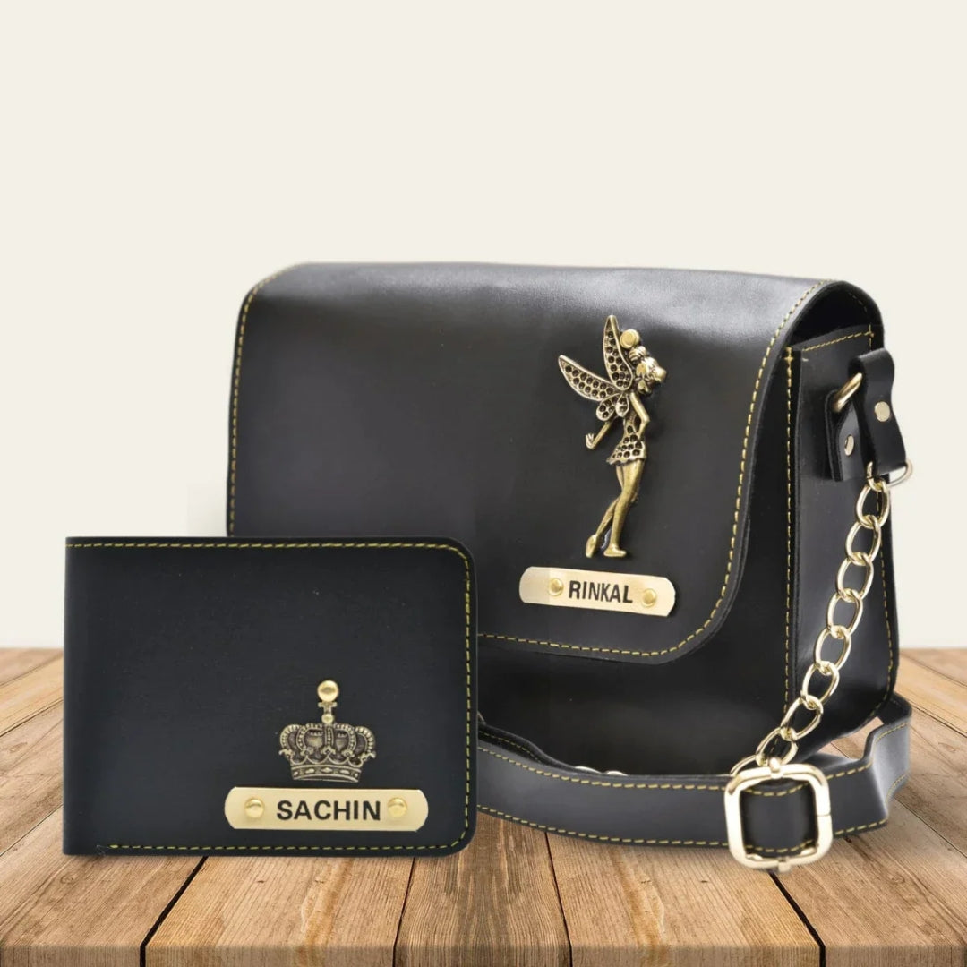 Personalized Couple's Combo : Chained Sling Bag & Men's Wallet