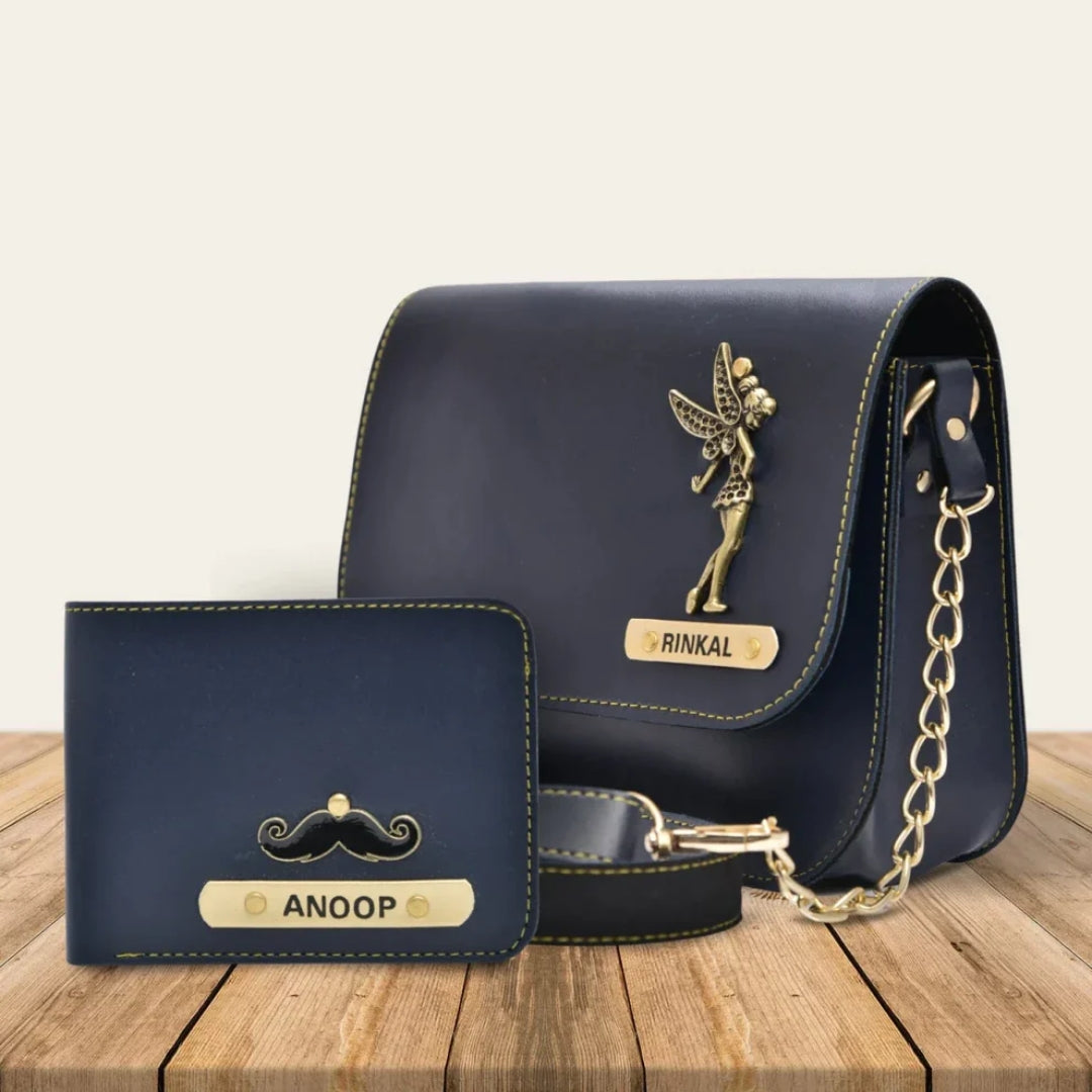 Personalized Couple's Combo : Chained Sling Bag & Men's Wallet