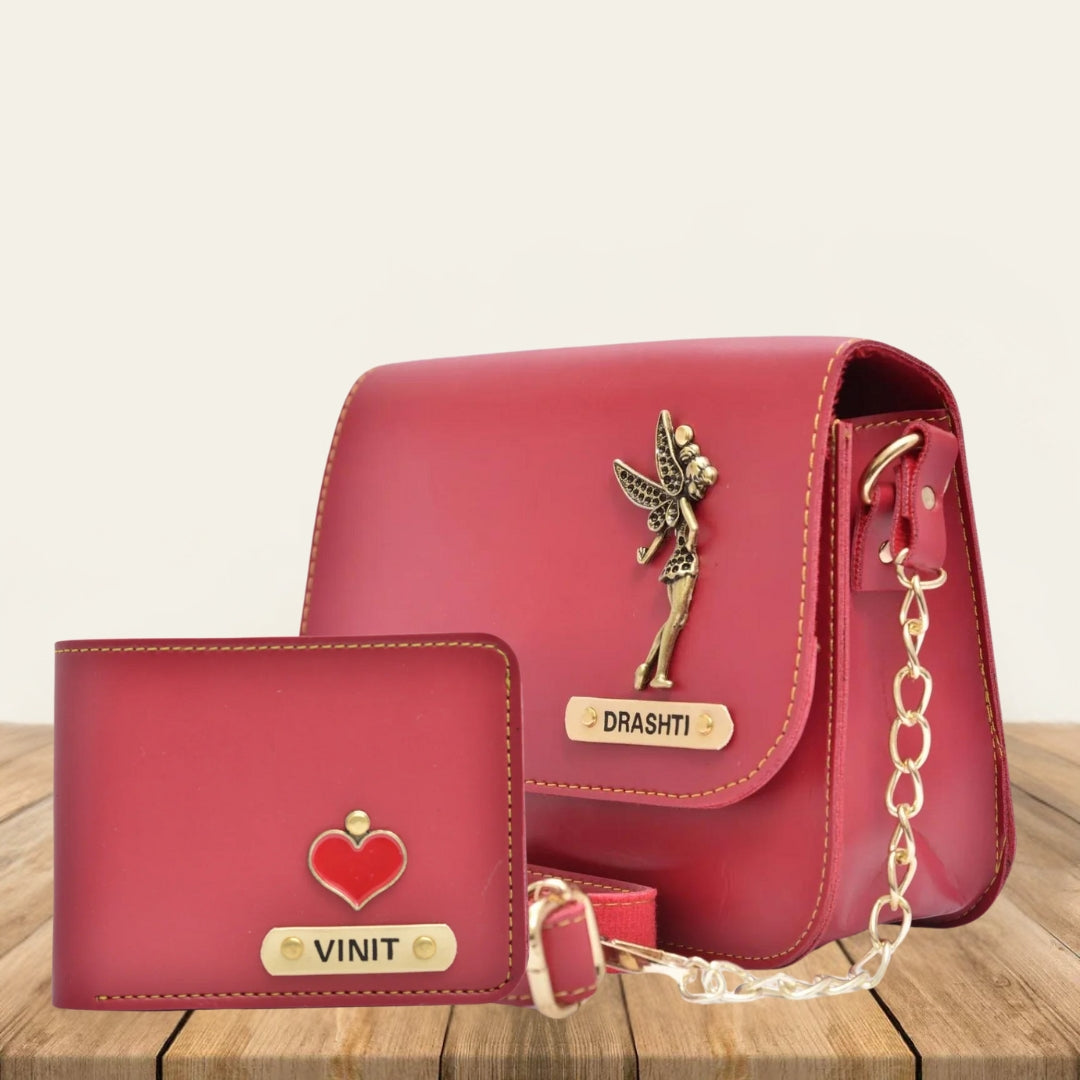 Personalized Couple's Combo : Chained Sling Bag & Men's Wallet