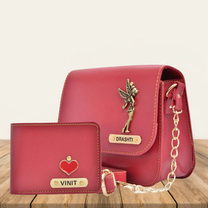 Personalized Couple's Combo : Chained Sling Bag & Men's Wallet